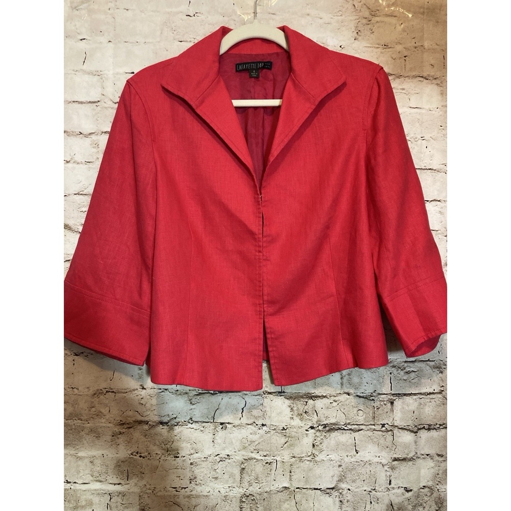 Lafayette 148 Jacket 4 Cherry Red Linen Open Front Lightweight Blazer 3/4 Sleeve